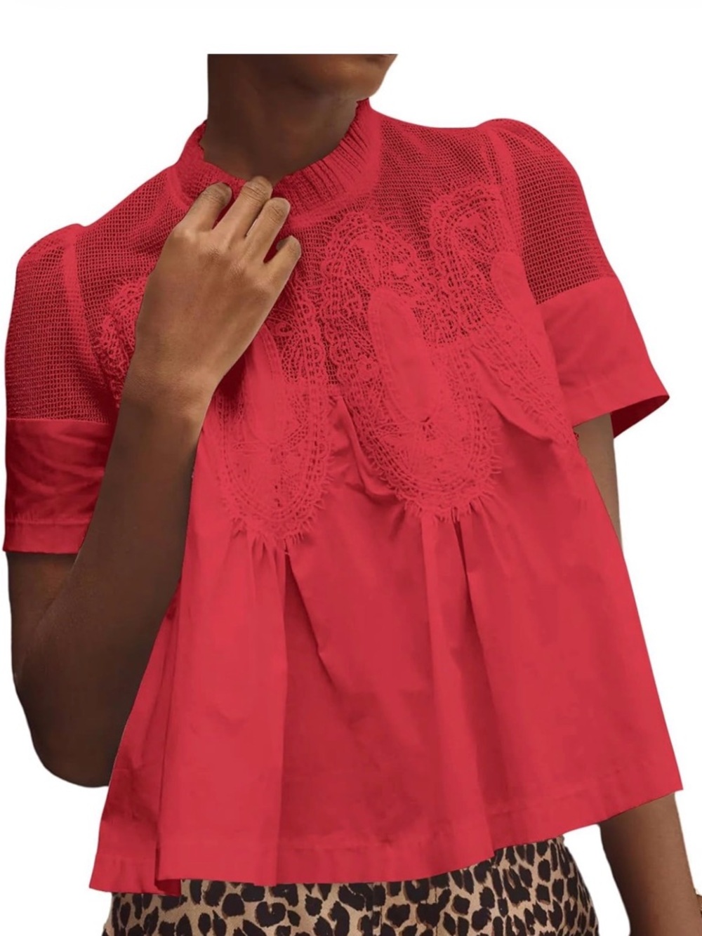 Red Crochet Yoke Short-Sleeve Women's Top